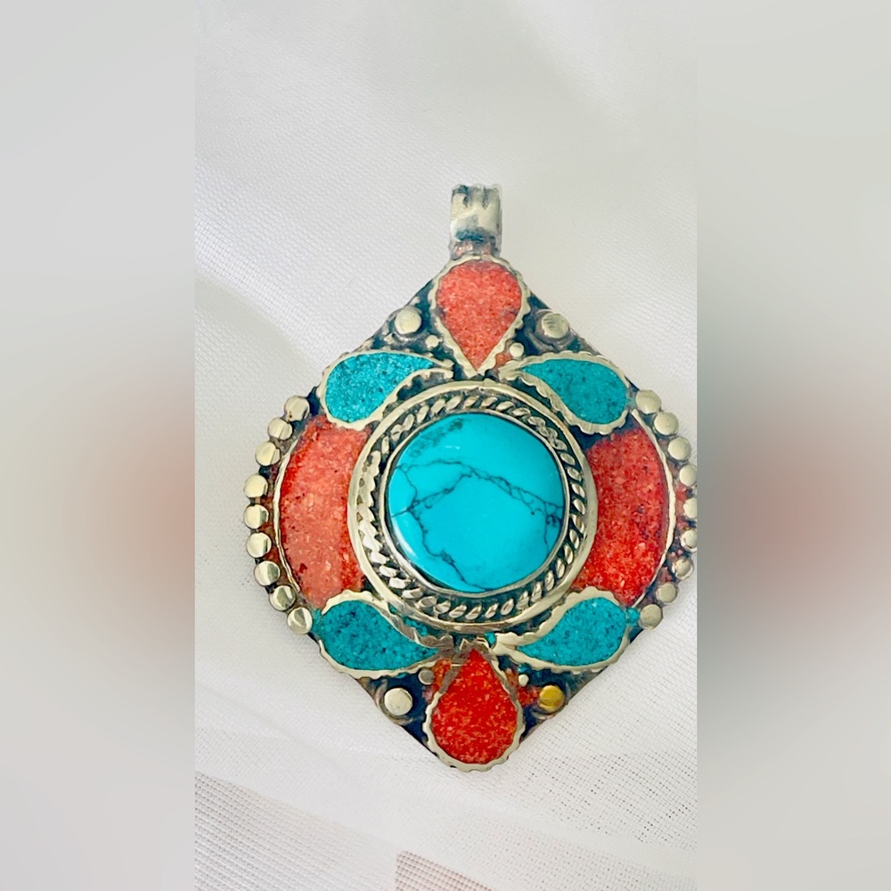 Turquoise and Red Coral Natural Gemstone Tibetan Pendant